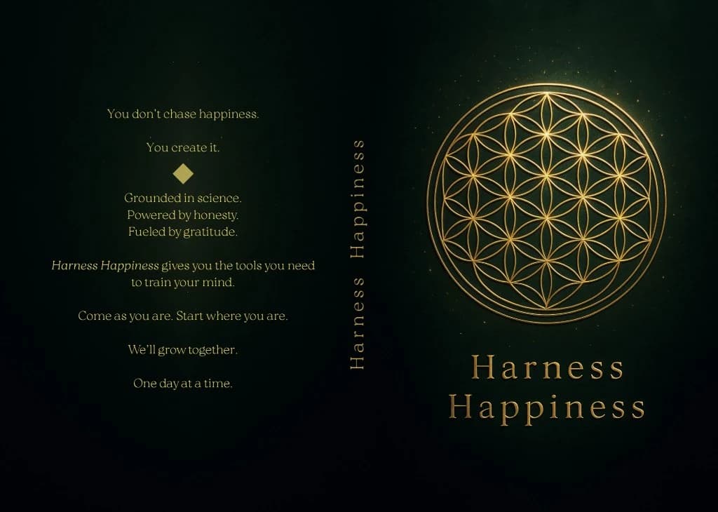 Harness Happiness book cover featuring a golden Flower of Life sacred geometry pattern on dark green background